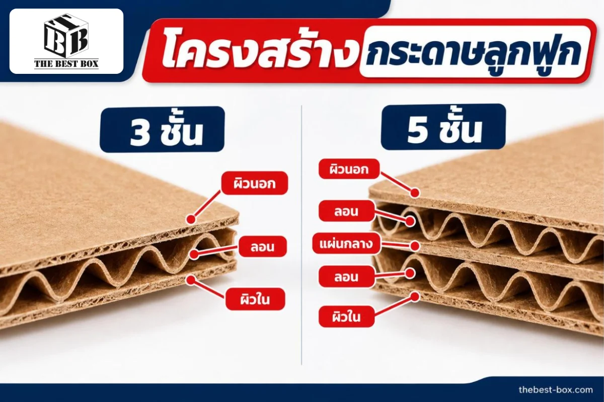 ภาพตัดขวางแผ่นกระดาษลูกฟูก 3 ชั้น ลอนเดียว เทียบกับ 5 ชั้น ลอนสองชั้น