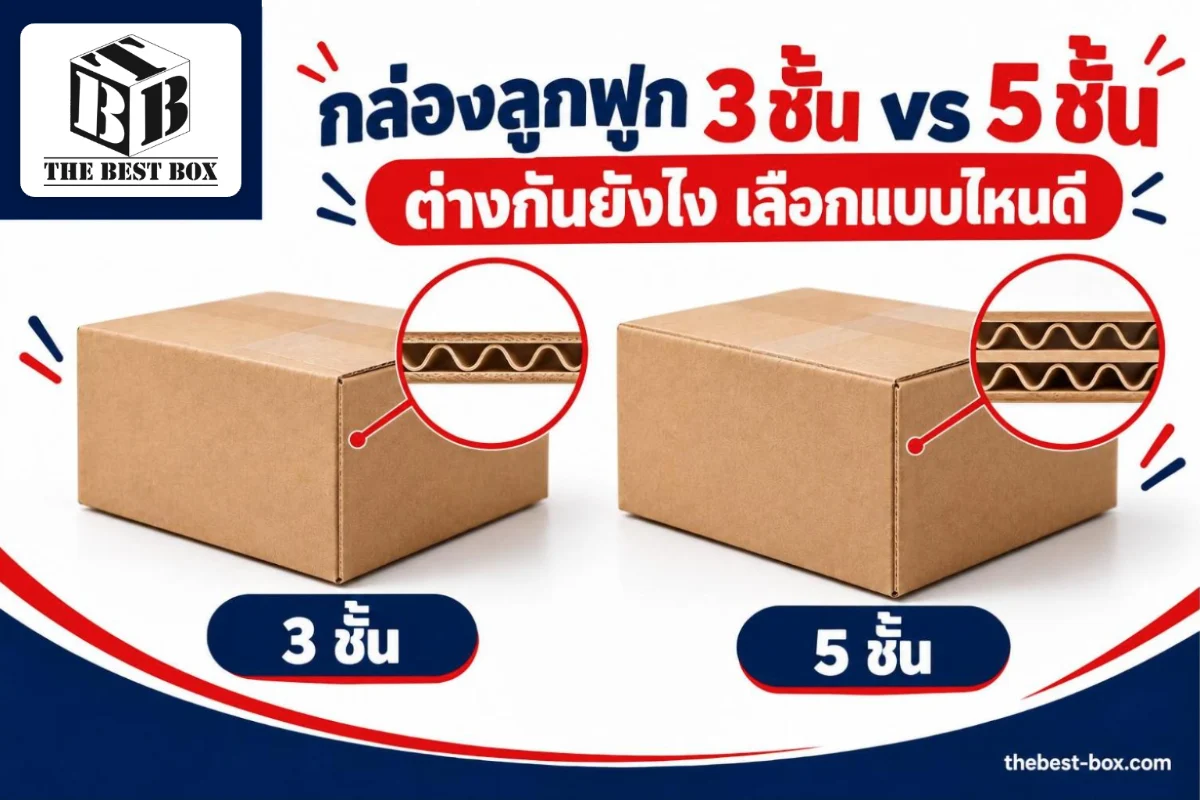 กล่องลูกฟูก 3 ชั้นกับ 5 ชั้น เทียบรอยตัดขอบกล่องให้เห็นลอนกระดาษ