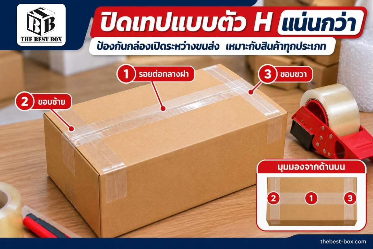 วิธีปิดเทปกล่องไปรษณีย์แบบตัว H บนกล่องกระดาษคราฟท์