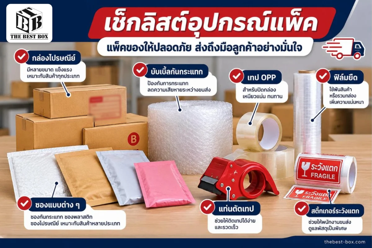 เช็กลิสต์อุปกรณ์แพ็คของ กล่องไปรษณีย์ บับเบิ้ลกันกระแทก เทป OPP ฟิล์มยืด และซองแบบต่าง ๆ