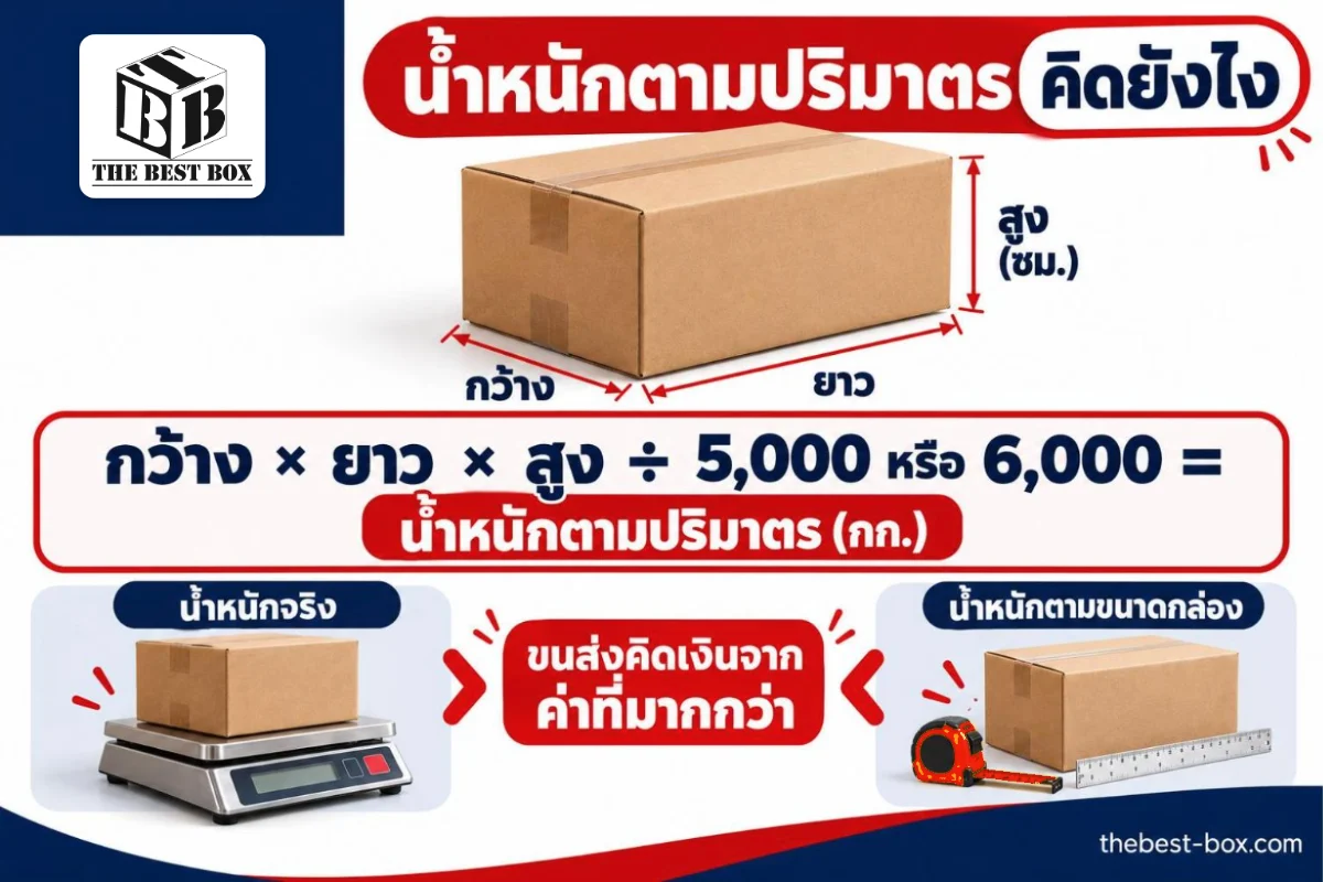 วิธีคิดน้ำหนักตามปริมาตรของกล่องพัสดุ กว้าง คูณ ยาว คูณ สูง หารด้วย 5,000 หรือ 6,000